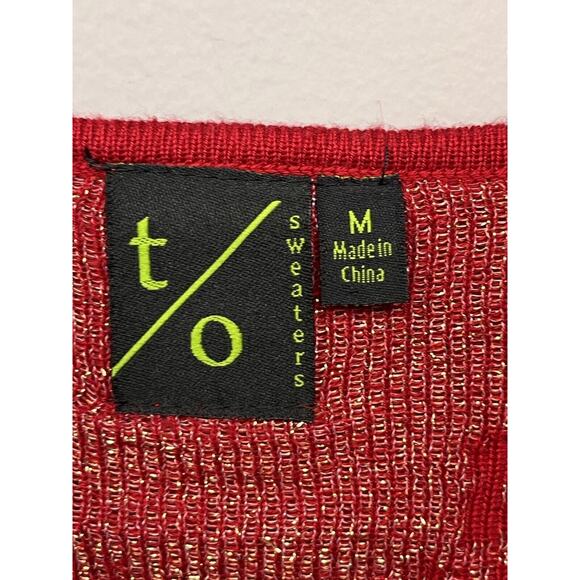 T/O Sweater Dress Womens Medium Metallic Red‎ Gold Floral Drop Waist Knit - Picture 4 of 9